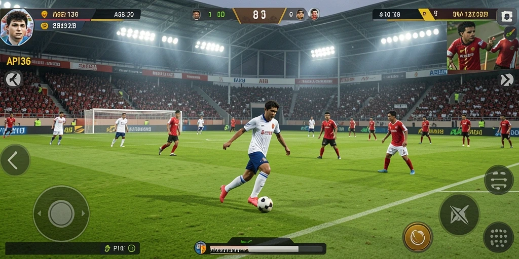 Tampilan utama gameplay API36 dengan suasana pertandingan sepak bola.