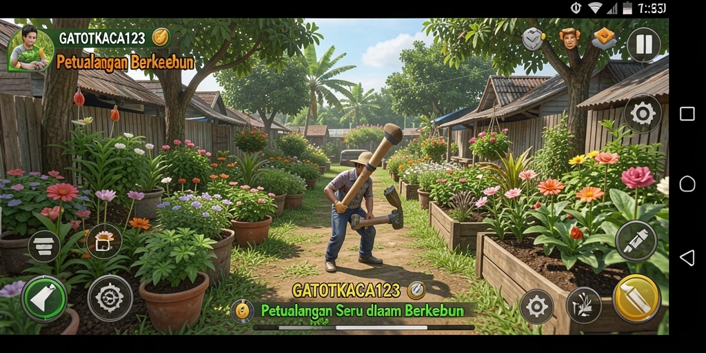 Tangkapan layar permainan GATOTKACA123 menampilkan aktivitas berkebun yang seru dan interaktif.