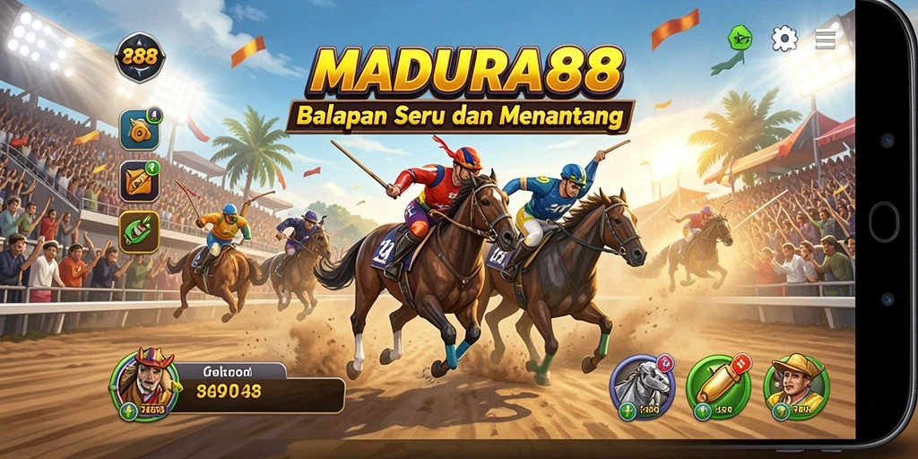 Tangkapan layar utama MADURA88 menampilkan aksi balapan mendebarkan di trek yang menarik.