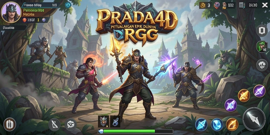 Screenshot gameplay PRADA4D menampilkan pertarungan epik dalam dunia fantasi.